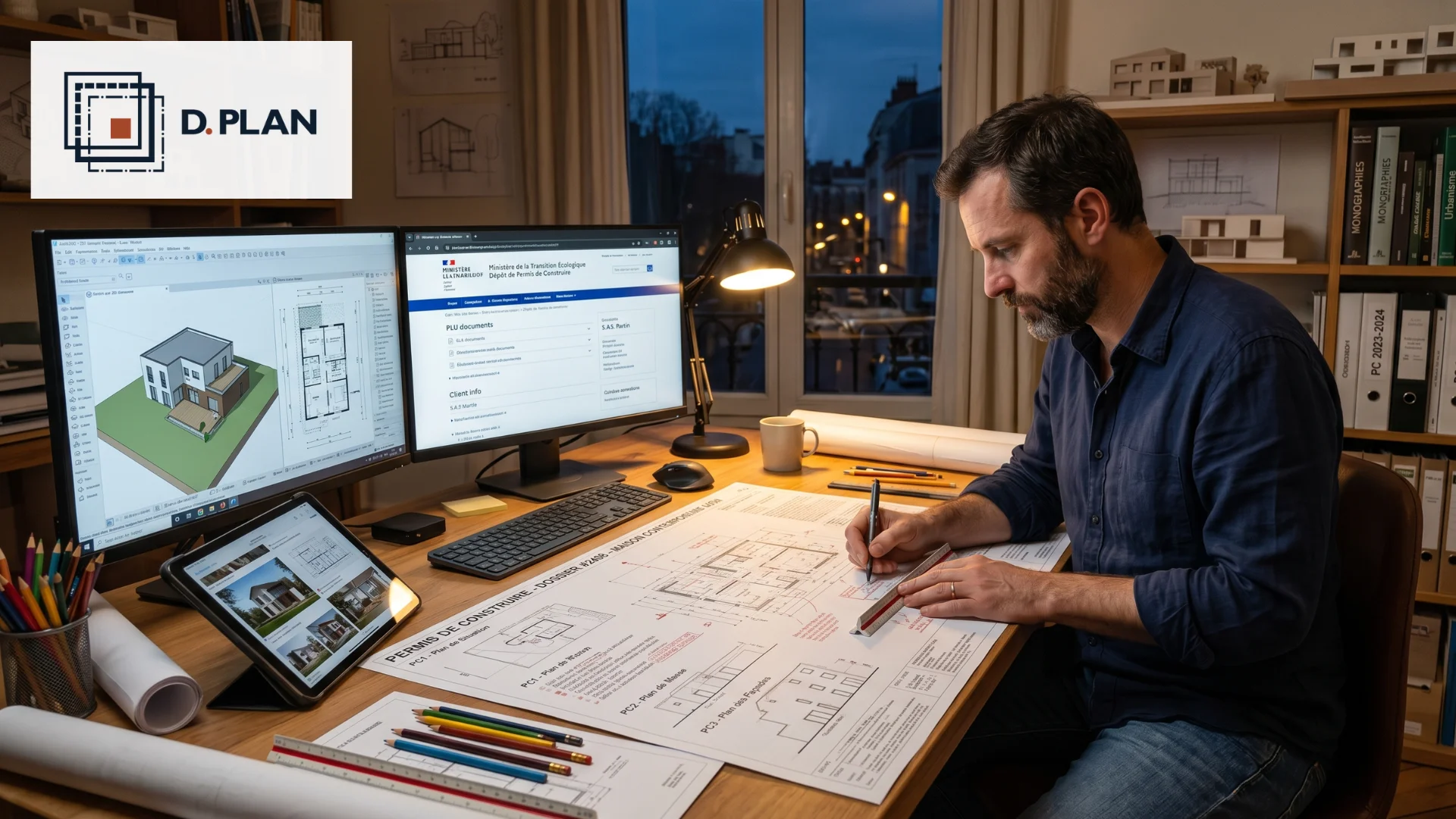 Architecte préparant minutieusement les plans 2D pour un dépôt de permis de construire.