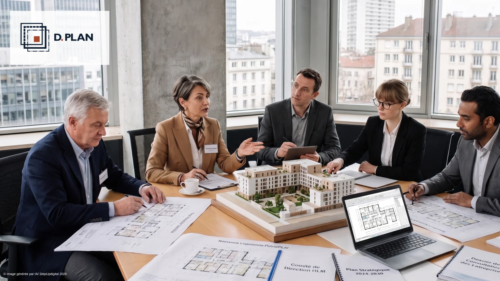 Des bailleurs sociaux étudient un plan exploitable et une maquette pour préparer un projet de réhabilitation.